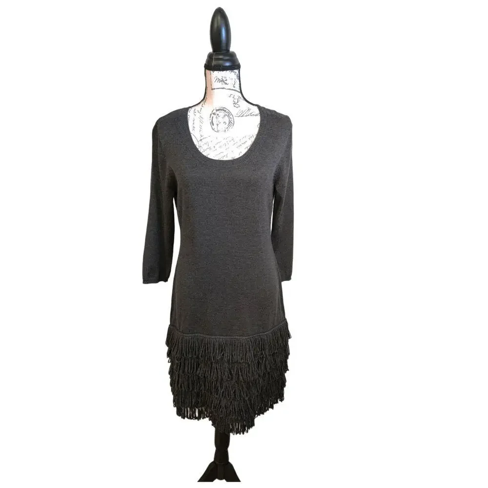 Calvin Klein Gray Charcoal Knit Sweater 3/4 Sleeve Tiered Fringed Hem Dress‎ L
